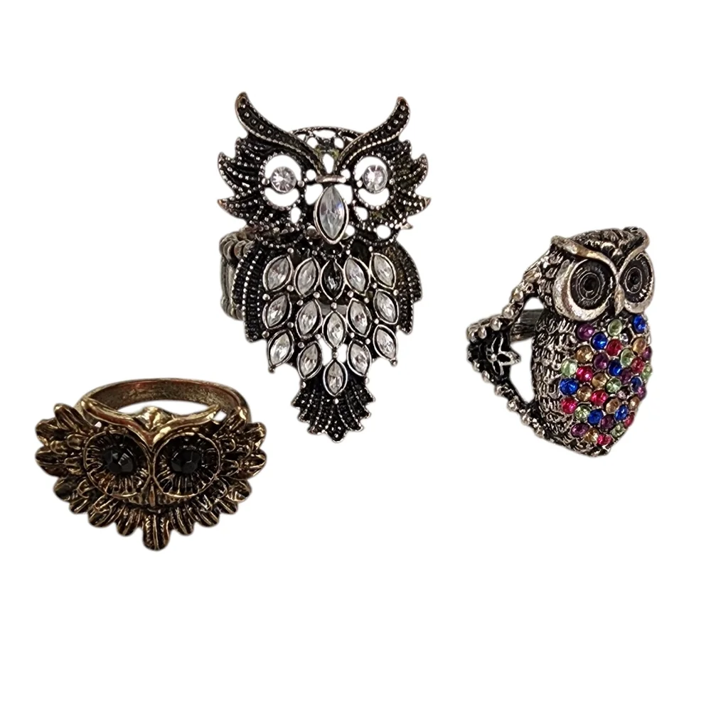 Bundle of 3 Owl Rings Antique Silver And Brass Tone With Rhinestones - Picture 14 of 15
